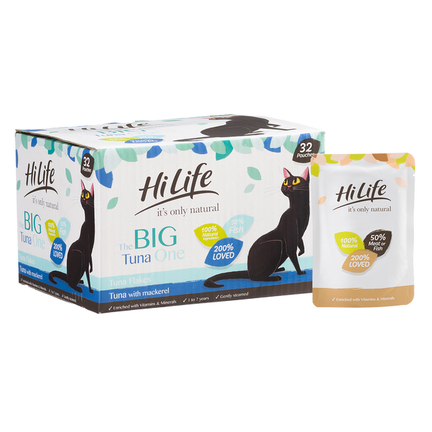 Picture of 32 Pouch Pack of HiLife its only natural The Big Tuna Cat Food with 100% natural ingredients