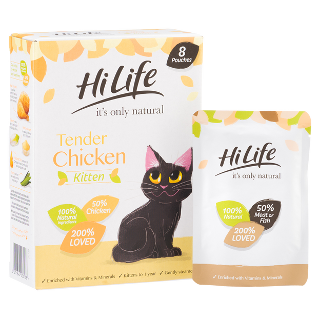 Picture of angled pack of HiLife its only natural Kitten Chicken Cat Food with 100% natural ingredients