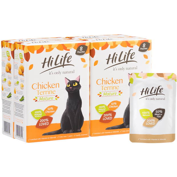 Picture of 32 Pouch Pack of HiLife its only natural Chicken Senior Cat Food with 100% natural ingredients