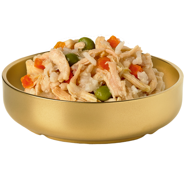 Picture of a bowl of HiLife Banquet Flaked Chicken with Rice and Veg Dog Food showing flakes of real chicken, rice, carrots and peas