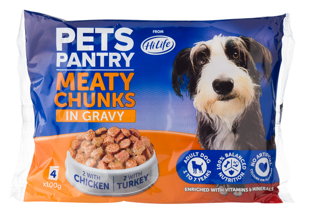 Picture of one pack containing 4 pouches of Pets Pantry from HiLife Meaty Chunks in Gravy dog food, 2 with turkey and 2 with chicken in gravy recipes