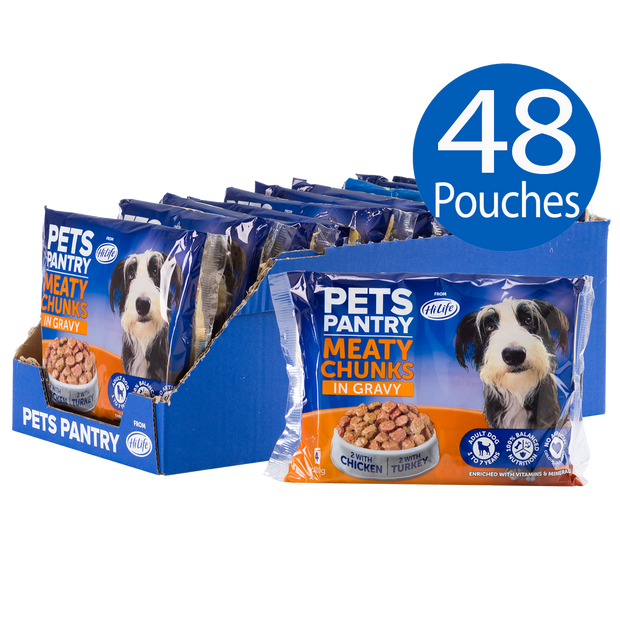 Picture of 48 pouches of Pets Pantry from HiLife Meaty Chunks in Gravy wet dog food pouches including 24 with chicken and 24 with turkey recipes.  Free from artificial colours and flavours.