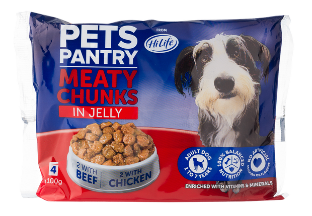 Picture of 1 pack containing 4 Pets Pantry from HiLife wet dog food pouches including Beef and Chicken in Jelly recipes with no artificial colours or flavours