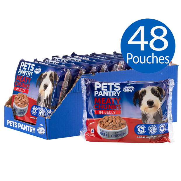Angled picture of  Pets Pantry from HiLife wet dog food pouches including 24 Beef and 24 Chicken in Jelly recipes with no artificial colours or flavours