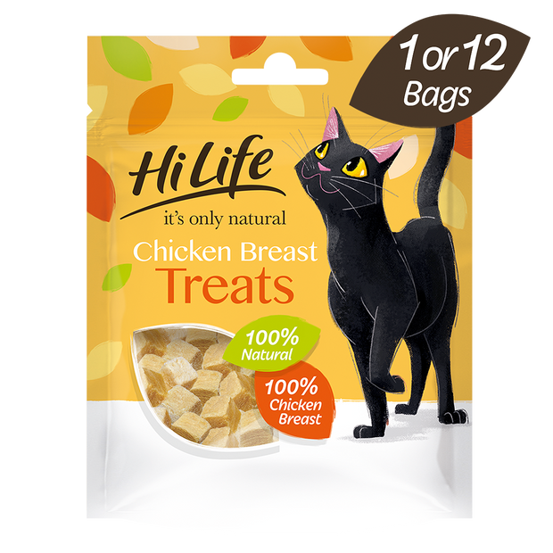 Picture of a 10g bag of HiLife its only natural Chicken Breast treats, made with 100% natural ingredients
