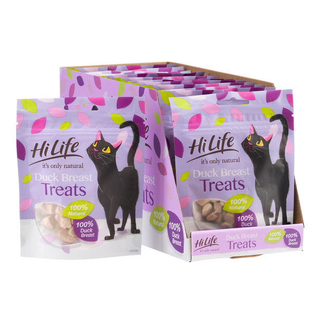Picture of 12 bags of HiLife its only natural Duck Breast treats, made with 100% natural ingredients